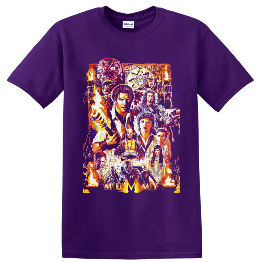 The Mummy 1999 fiery Egyptian horror collage with characters, mummy face, torches and on a Purple T Shirt