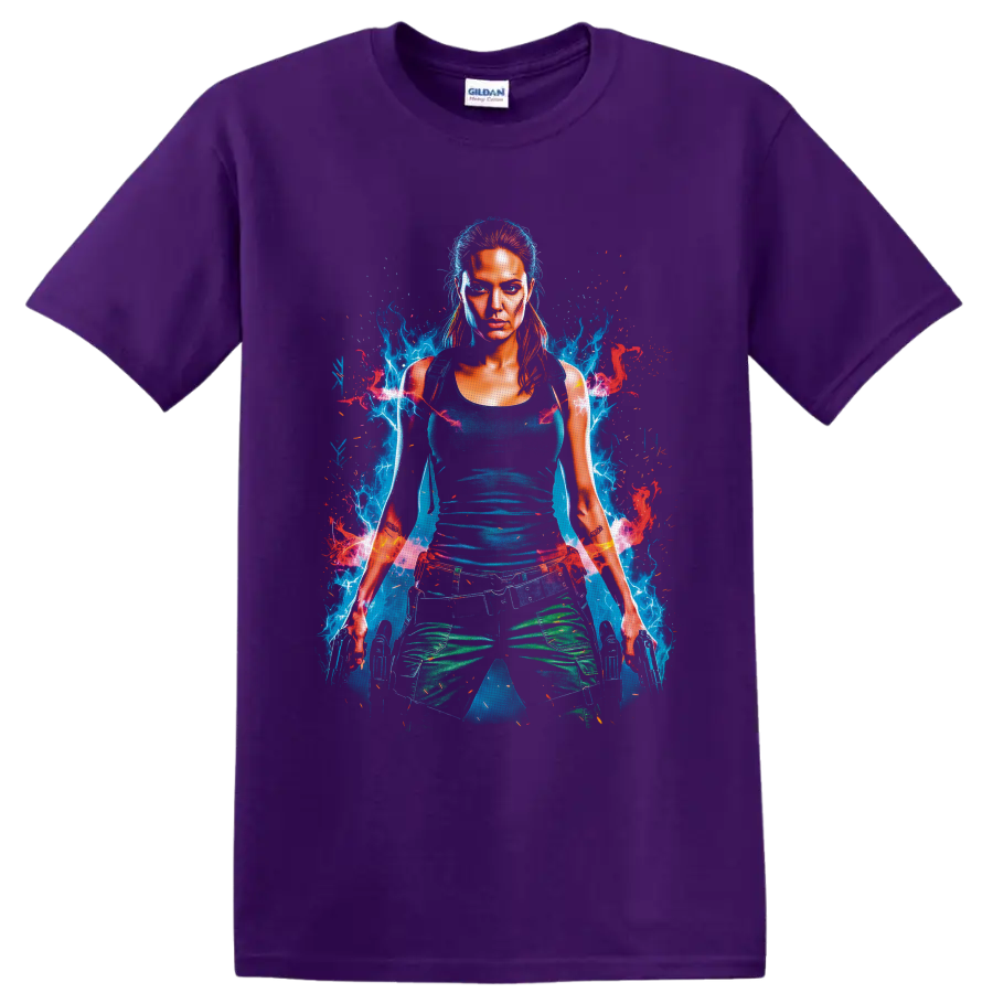 Lara Croft Tomb Raider neon digital portrait with blue energy, red sparks, and dual on a Purple T Shirt