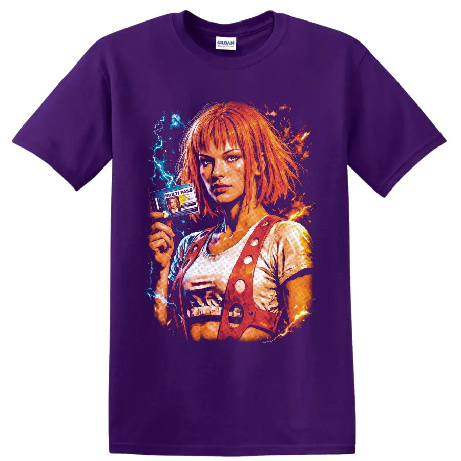 Leeloo portrait with orange hair, multipass, blue lightning, and fiery sci-fi energy on a Purple T Shirt