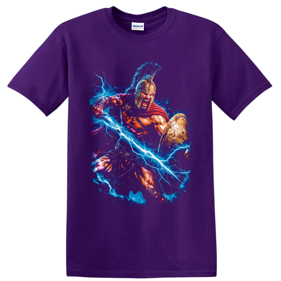 King Leonidas 300 Spartan warrior art with shield, red cape, and blue lightning on a Purple T Shirt