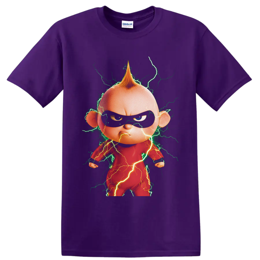 Jack-Jack Parr cartoon portrait with green and golden lightning bolts on a Purple T Shirt