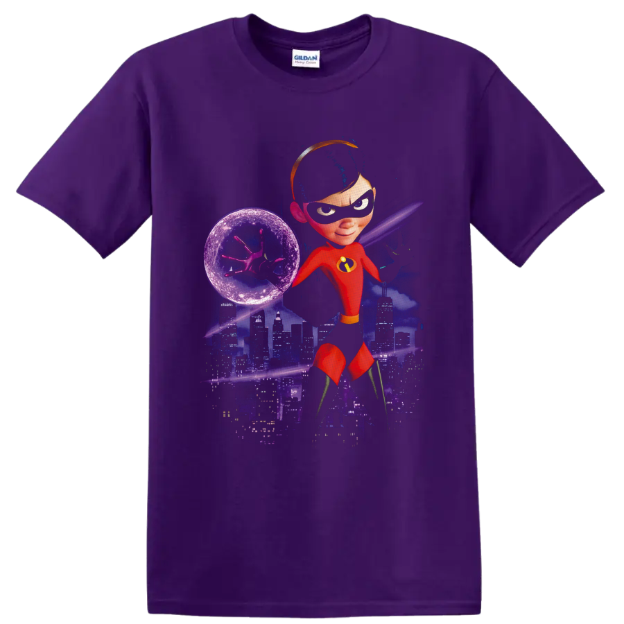 Violet Parr force-field superhero artwork with purple city skyline and cosmic background on a Purple T Shirt