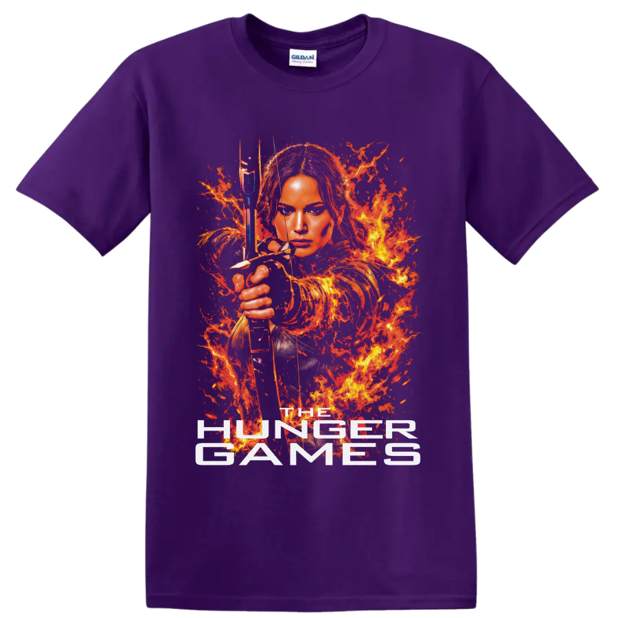Katniss Everdeen fiery archer portrait with bow, arrow, flames, and The Hunger Games text on a Purple T Shirt