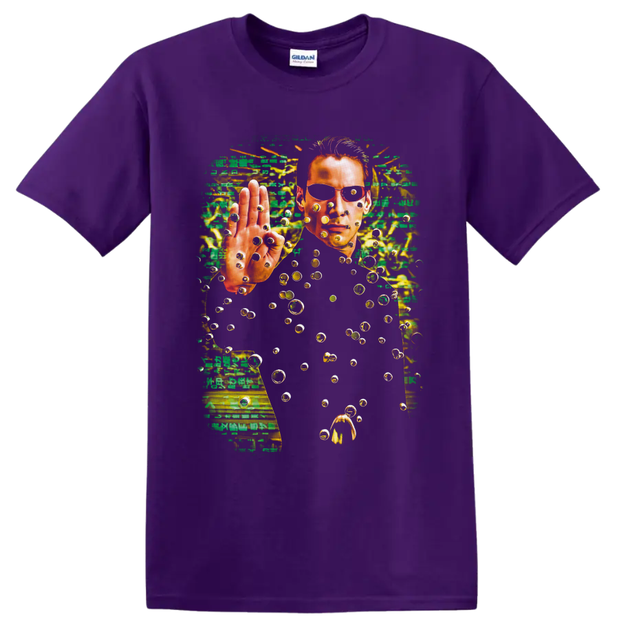 Neo from The Matrix with green code, floating bullets, and cyberpunk bullet-time art on a Purple T Shirt