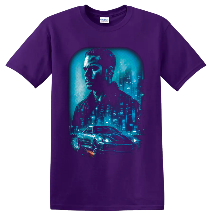 Brian O'Conner portrait and Nissan Skyline GT-R in neon blue city racing artwork on a Purple T Shirt