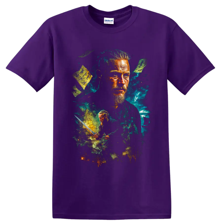 Ragnar Lothbrok Vikings warrior portrait with sword, rune stones, and teal storm art on a Purple T Shirt