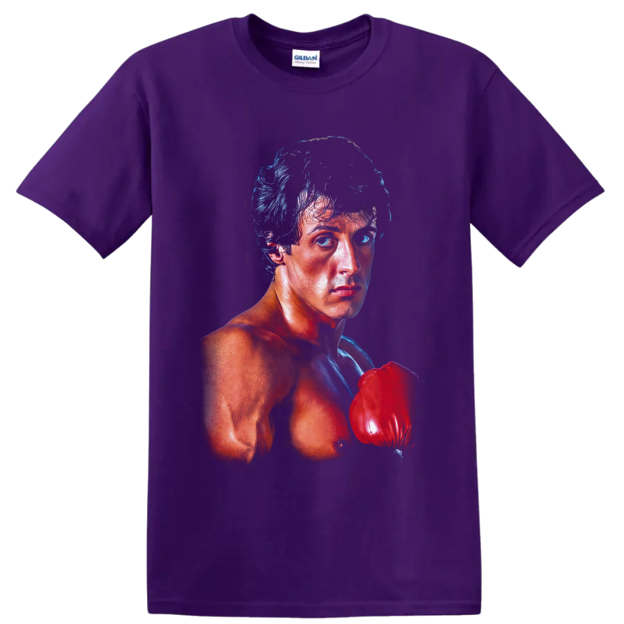 Rocky Balboa boxing portrait with a raised red glove in dramatic blue and red shading on a Purple T Shirt