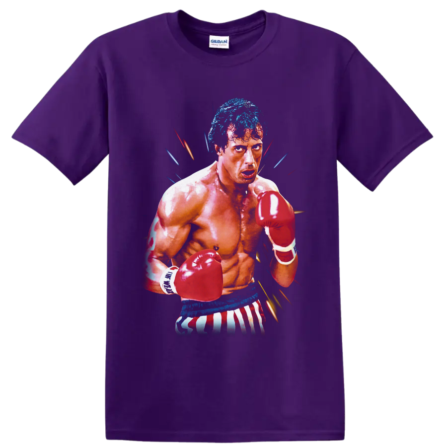 Rocky Balboa boxing portrait with red gloves, striped trunks, and colorful action streaks on a Purple T Shirt