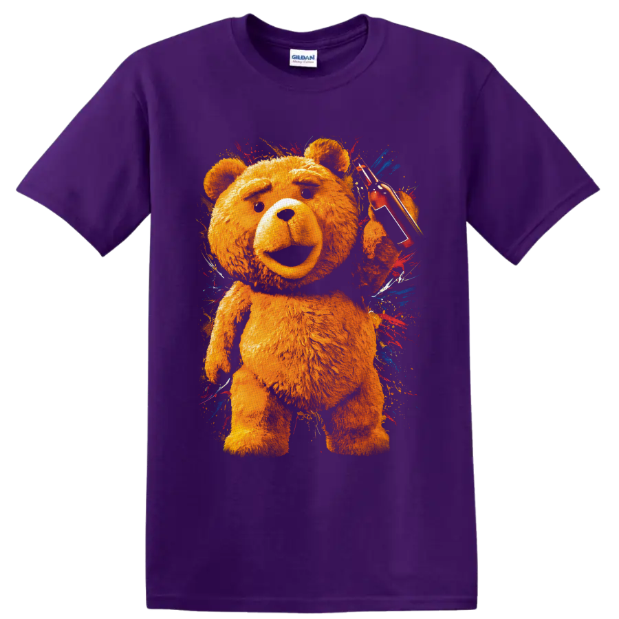 Ted bear holding red sunglasses and cup in colorful paint-splash graphic art on a Purple T Shirt