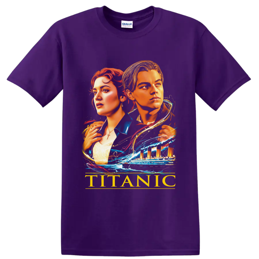 Jack and Rose Titanic portrait with ocean liner, waves, and gold TITANIC text on a Purple T Shirt
