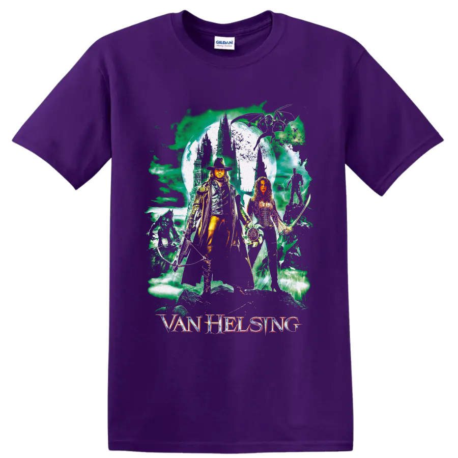 Gabriel Van Helsing and Anna Valerious gothic moonlit castle fantasy artwork on a Purple T Shirt