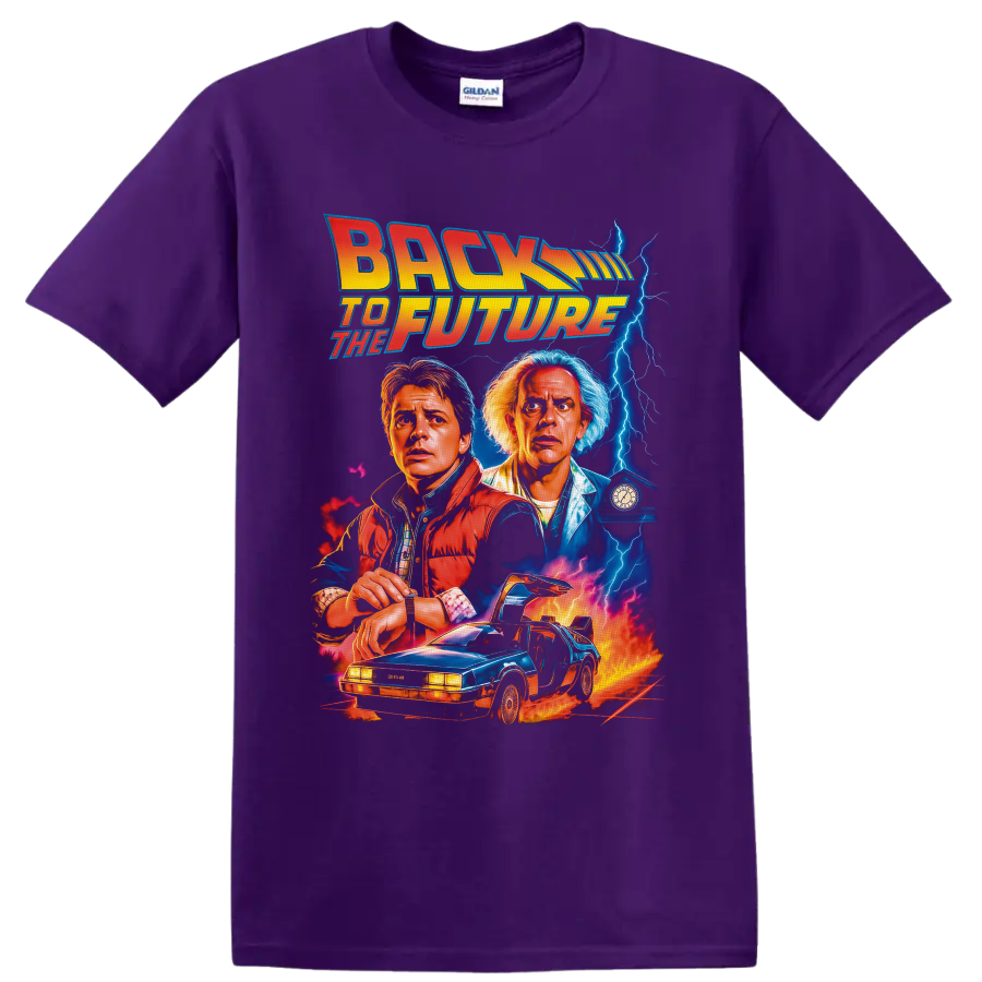 Back to the Future Marty McFly and Doc Brown lightning car graphic on a Purple T Shirt