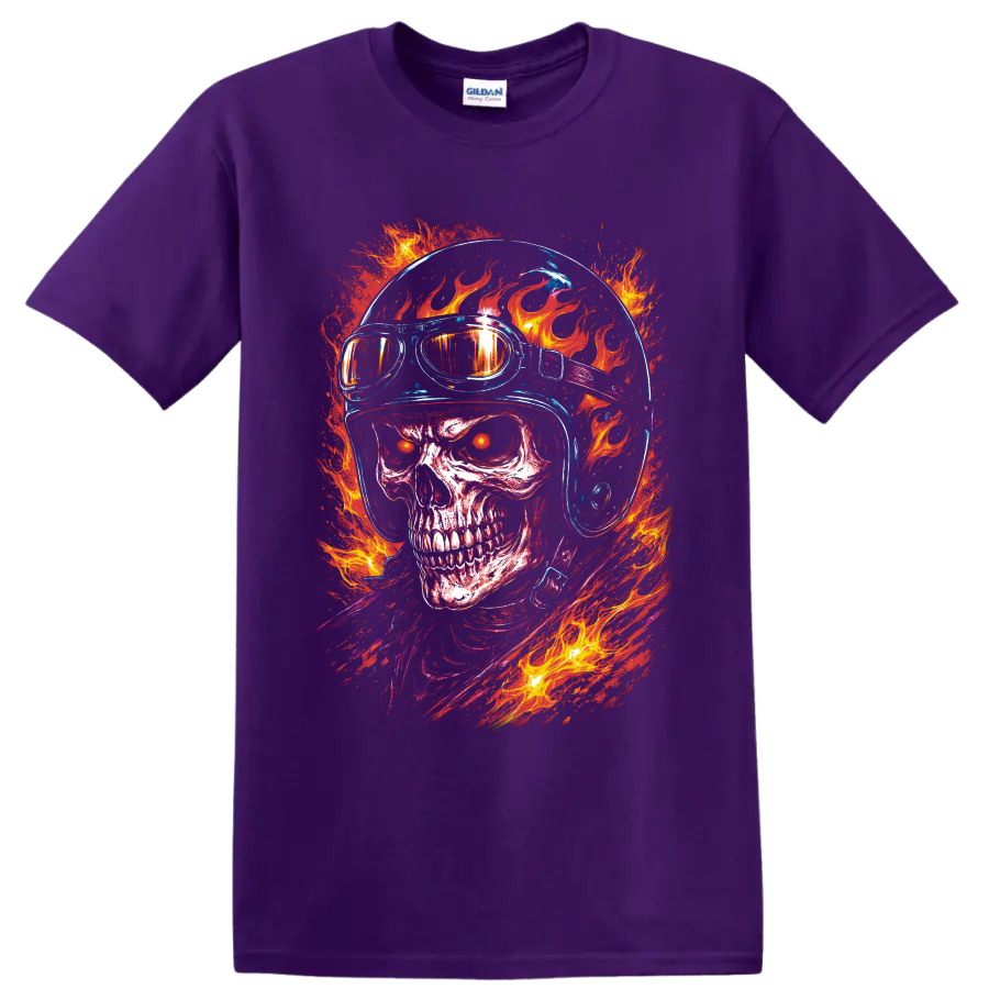 Flaming skull in motorcycle helmet and goggles with neon blue details and blazing fire on a Purple T Shirt