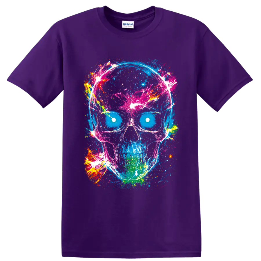 Neon blue skull with pink paint splatters, abstract brushstrokes, and bright bursts on a Purple T Shirt