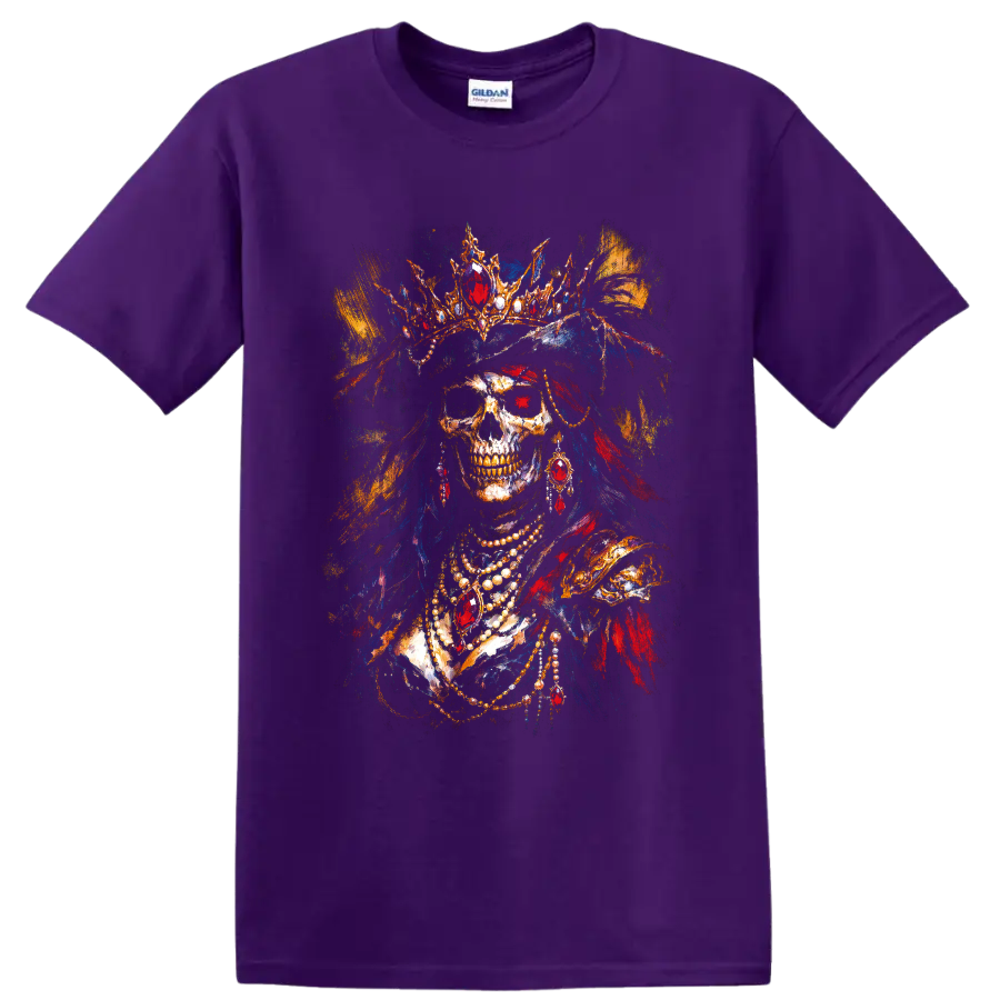 Gothic pirate queen skull portrait with jeweled crown, feathers, and necklaces on a Purple T Shirt
