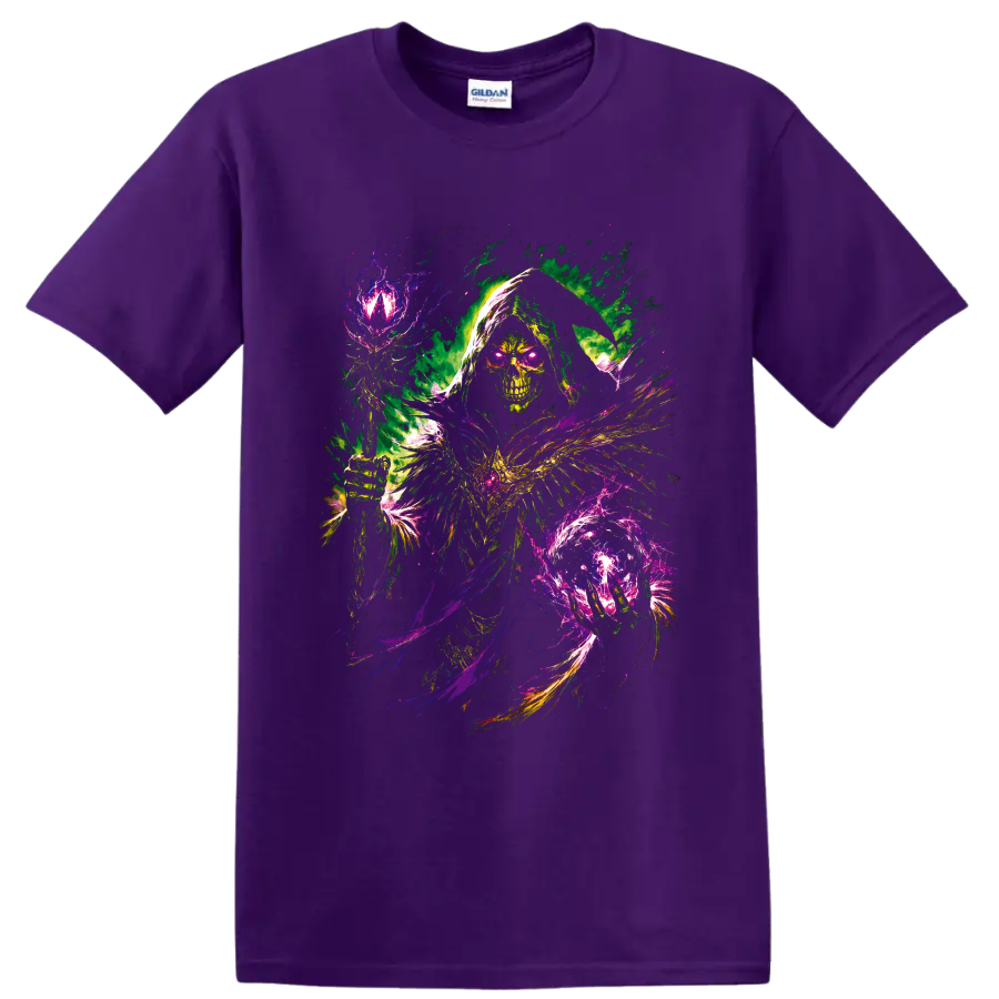 Neon Grim Reaper skull with glowing eyes and psychedelic magical energy on a Purple T Shirt