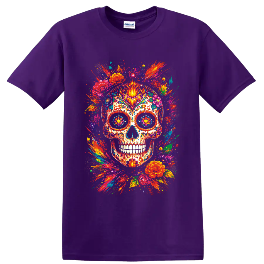 Colorful floral sugar skull illustration with vivid paint splashes and blossoms on a Purple T Shirt