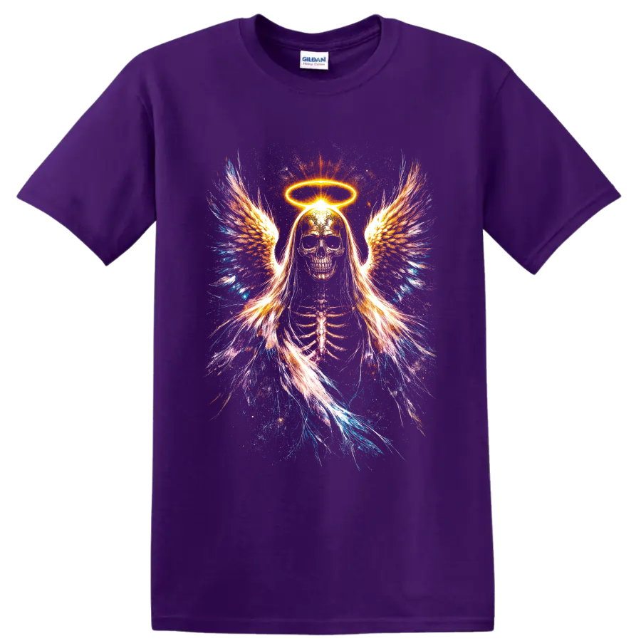 Neon angel skeleton with glowing halo, feathered wings, and splatter art on a Purple T Shirt