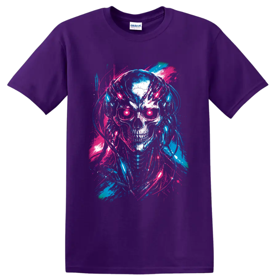 Neon cyberpunk skull wearing headphones in blue and pink distressed paint-splash art on a Purple T Shirt