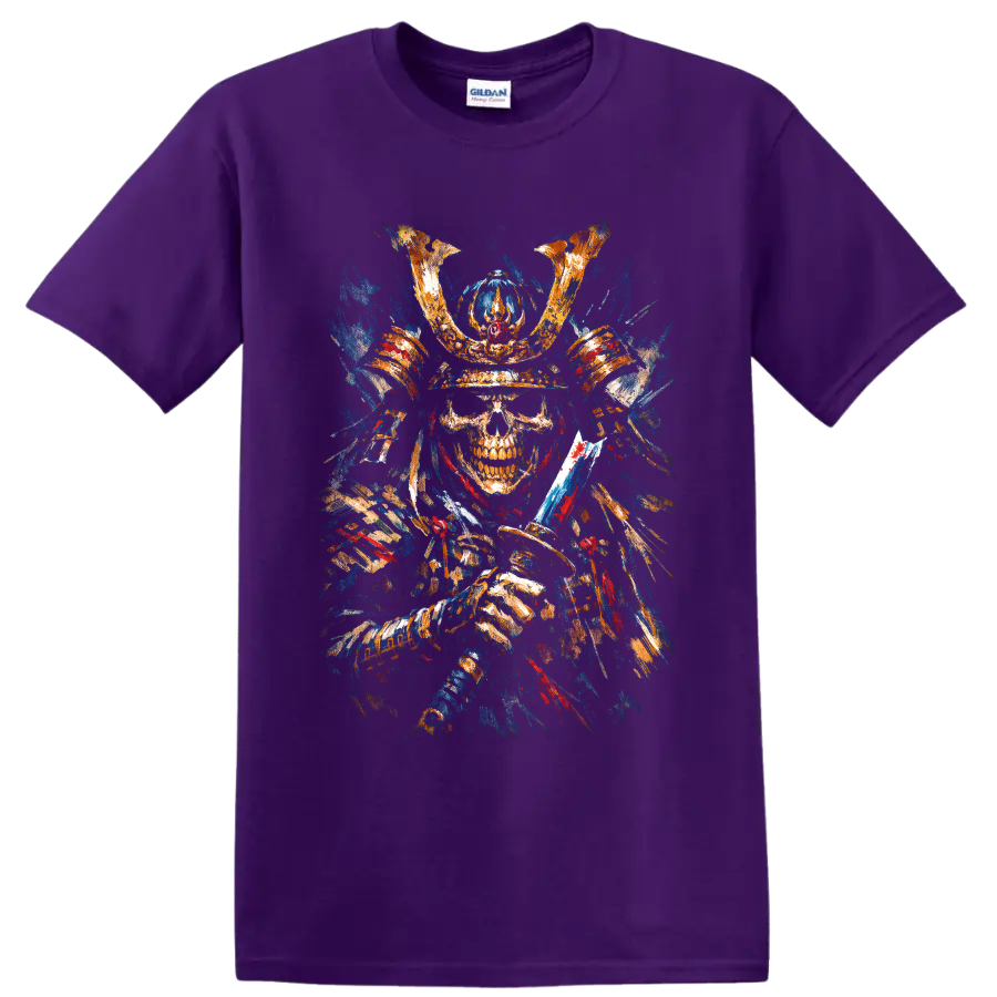Painterly samurai skeleton in horned armor holding a katana on a Purple T Shirt