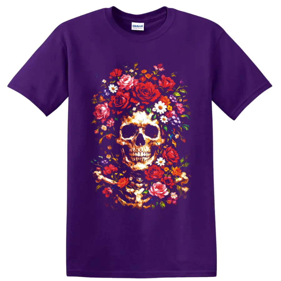 Painterly ivory skull surrounded by red roses, colorful wildflowers, and golden stems on a Purple T Shirt