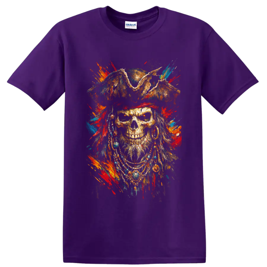 Gothic pirate skull in a weathered hat with colorful distressed paint splatters on a Purple T Shirt
