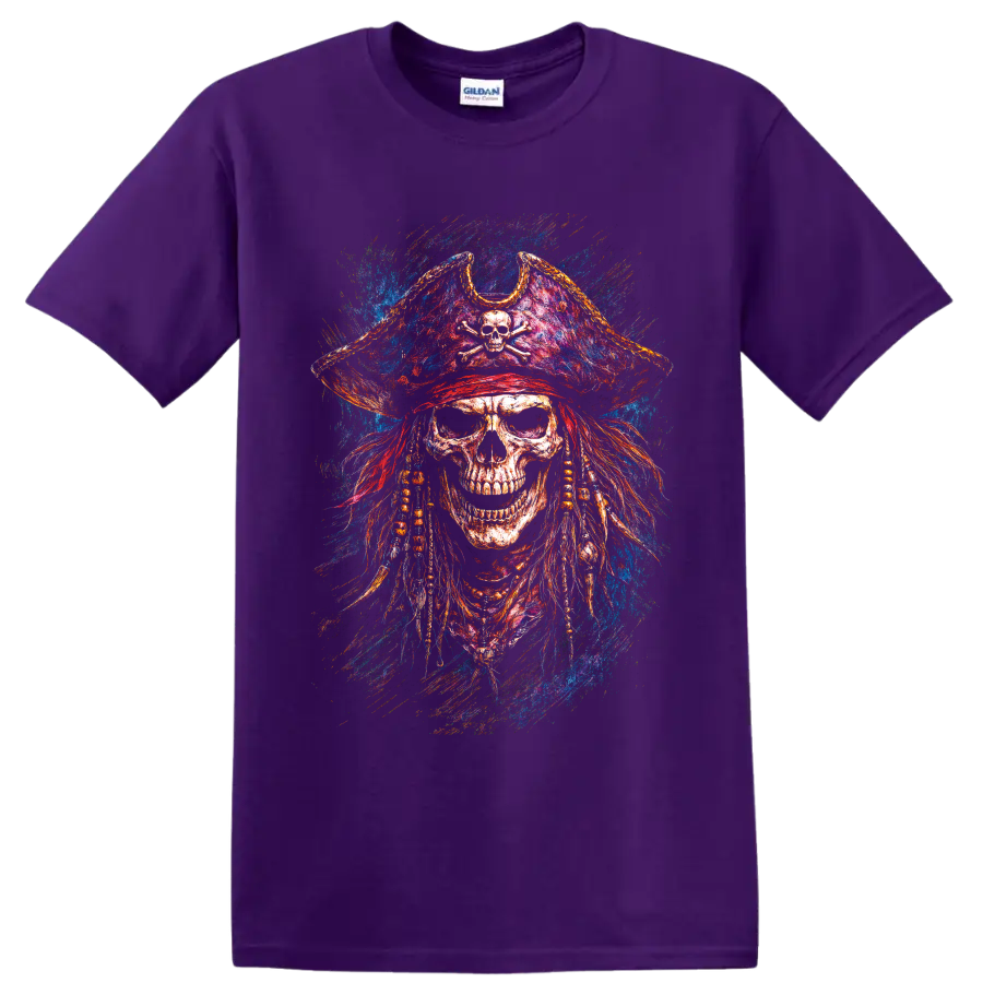 Colorful pirate skull with crossbones tricorn hat and vivid paint-splash gothic art on a Purple T Shirt