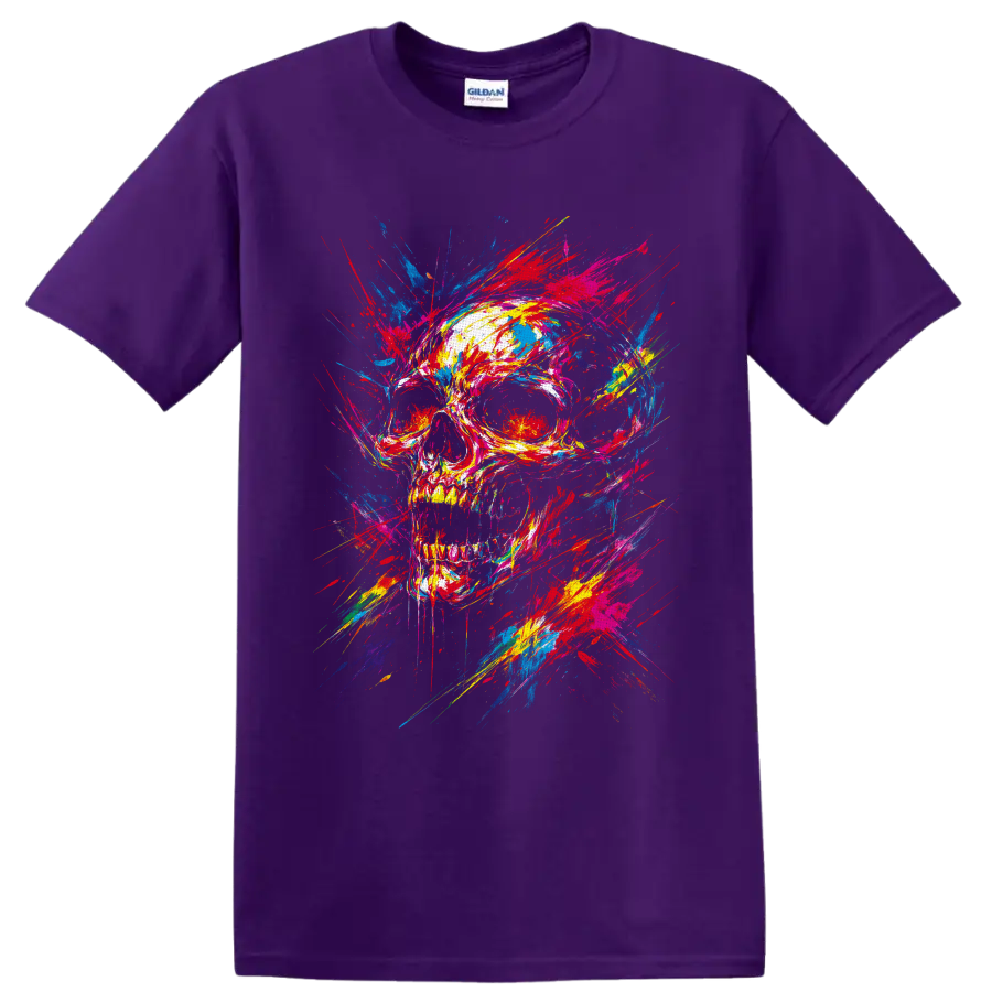 Colorful skull with explosive paint splatters and graffiti-style brushstrokes on a Purple T Shirt