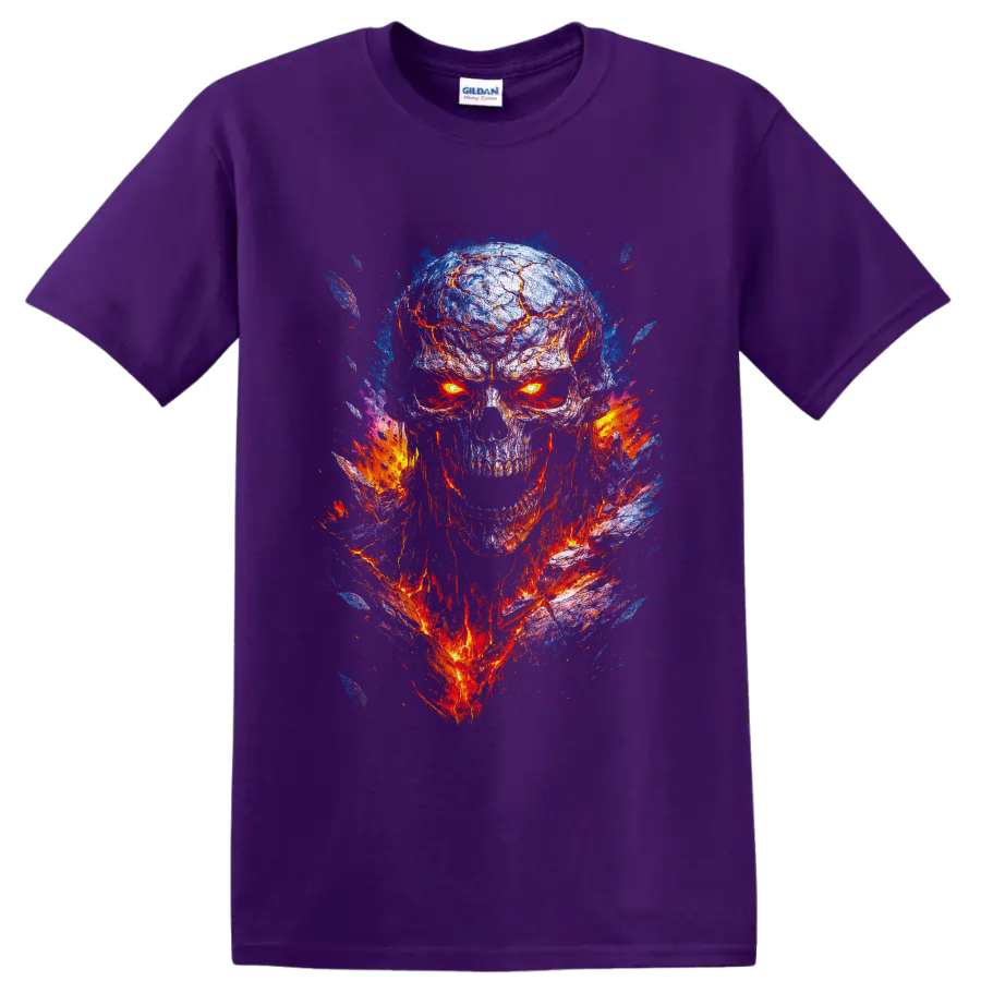 Molten lava skull illustration with glowing eyes and blue flame-like splashes on a Purple T Shirt