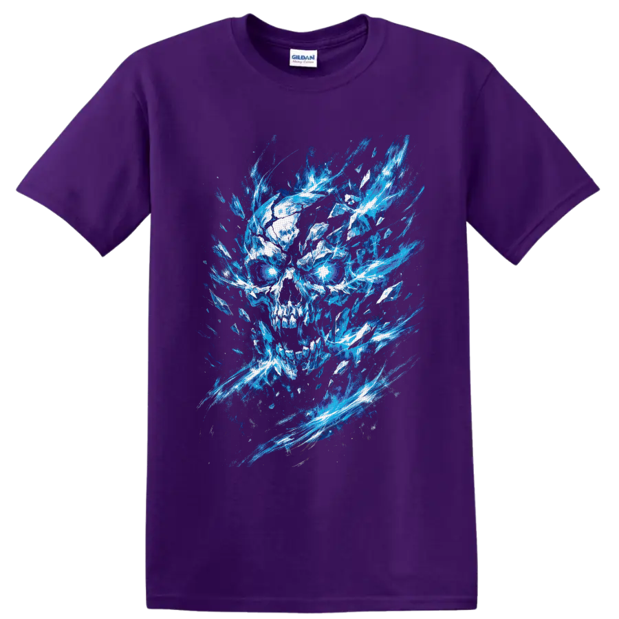 Blue ice skull illustration with glowing eyes and exploding crystal shards on a Purple T Shirt