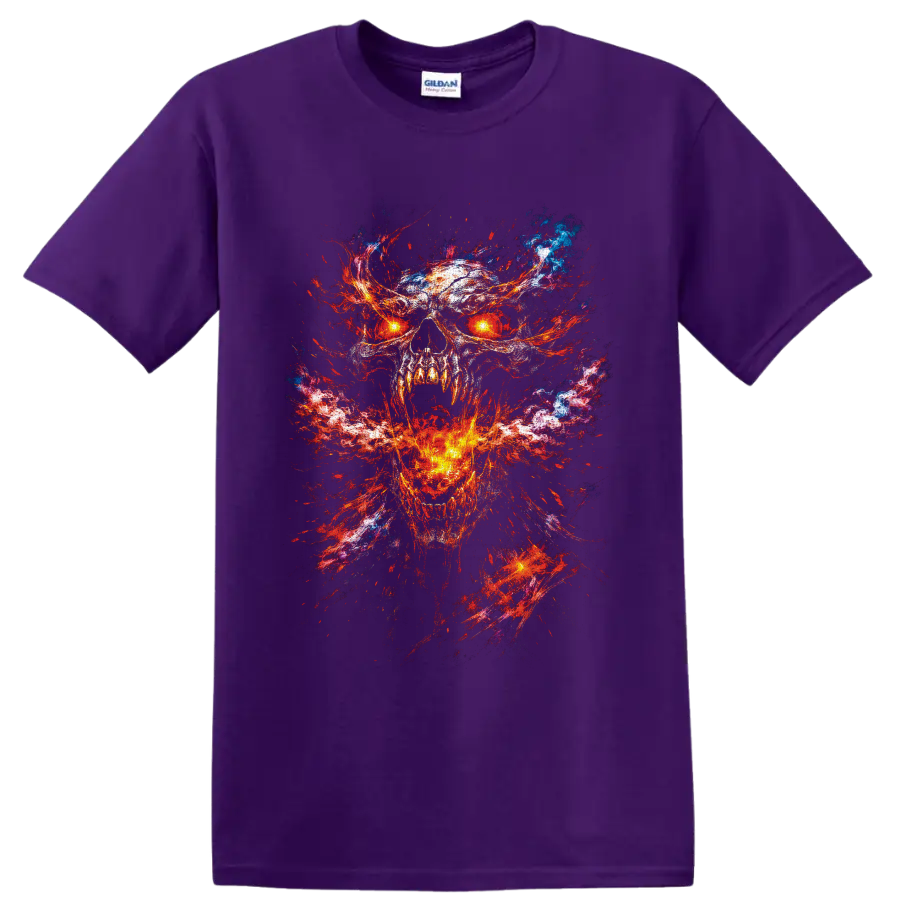 Glowing-eyed flaming skull in fiery gothic horror paint-splatter art on a Purple T Shirt