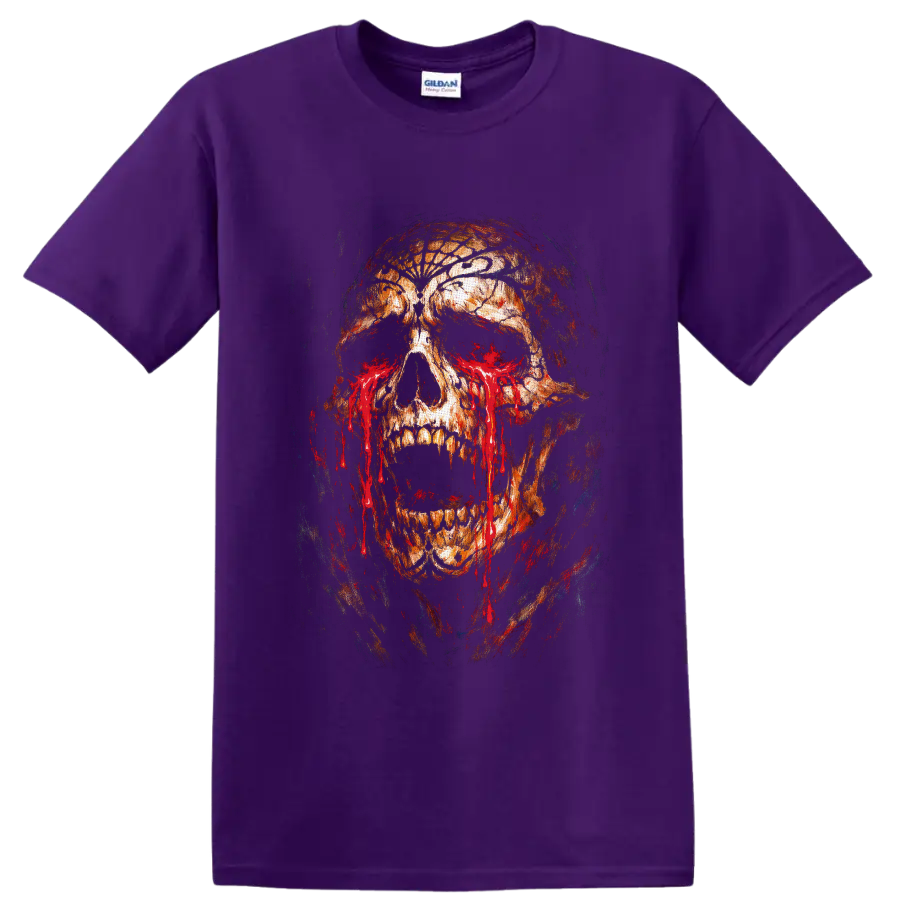 Distressed bleeding skull illustration with cracked textures, hollow eyes, and red drips on a Purple T Shirt