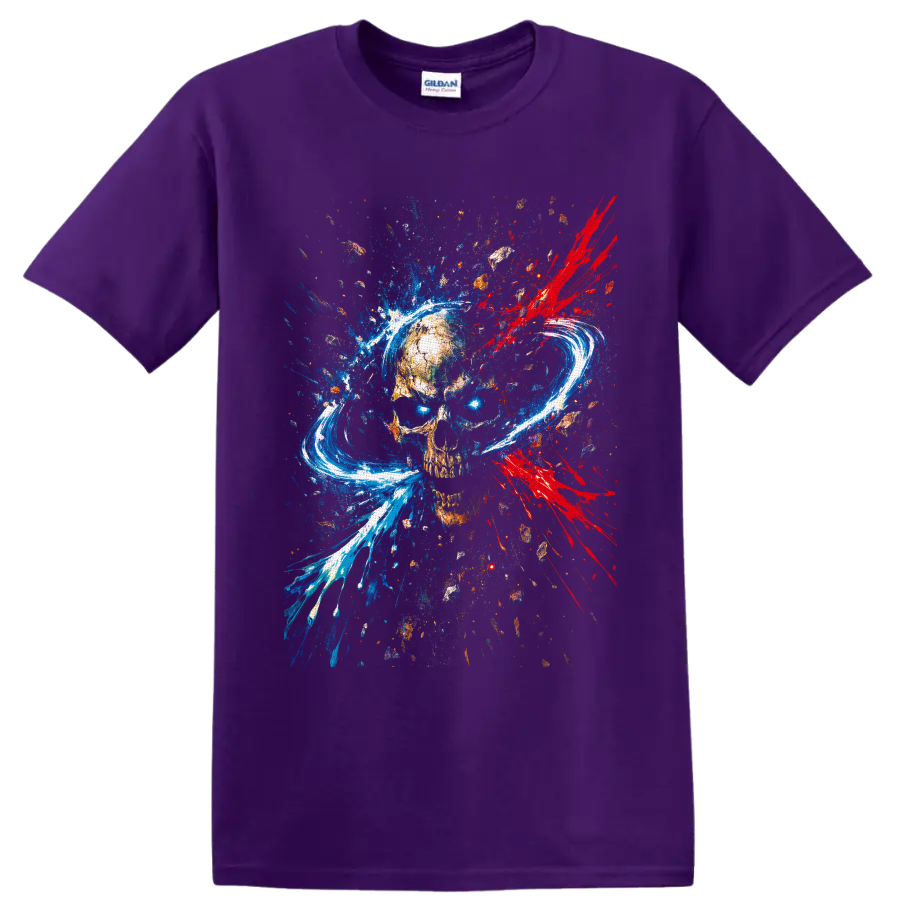 Abstract weathered skull with blue paint splashes, red splatters, and white brushstroke on a Purple T Shirt
