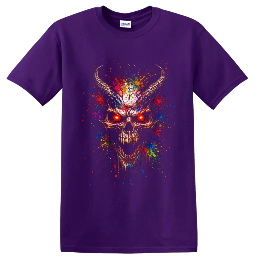 Horned skull with glowing red eyes and vivid multicolor paint splatter artwork on a Purple T Shirt