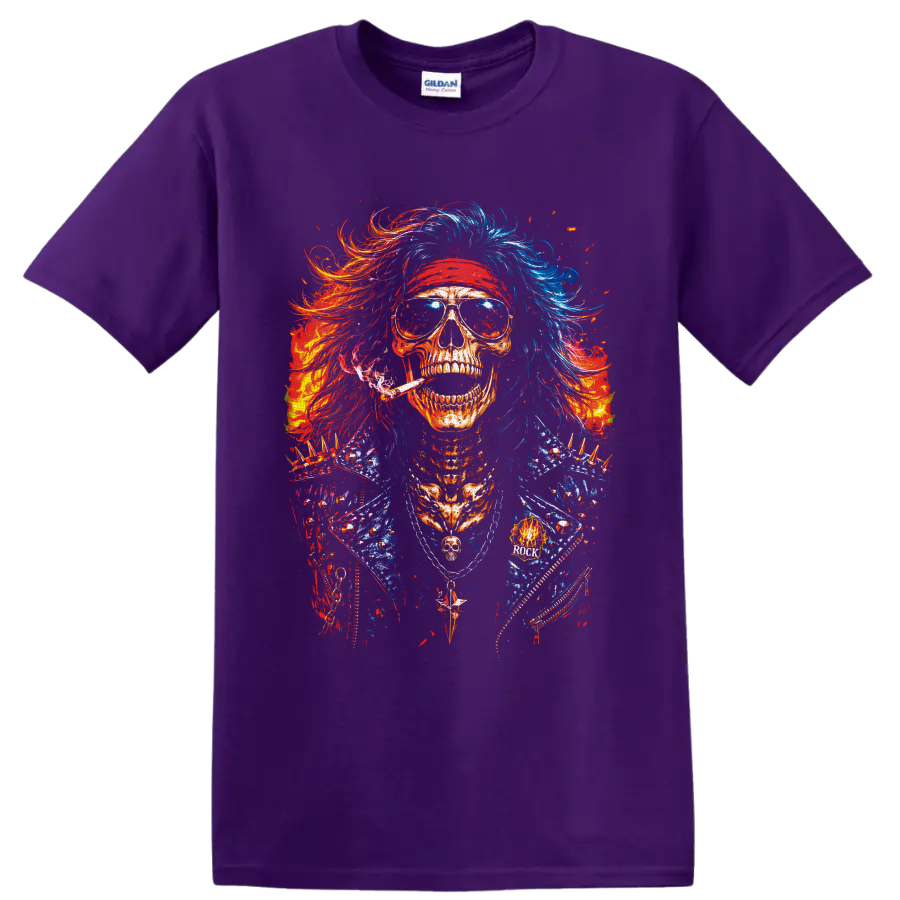 Colorful punk rock skull in sunglasses, red headband, wild hair, and spiked jacket on a Purple T Shirt