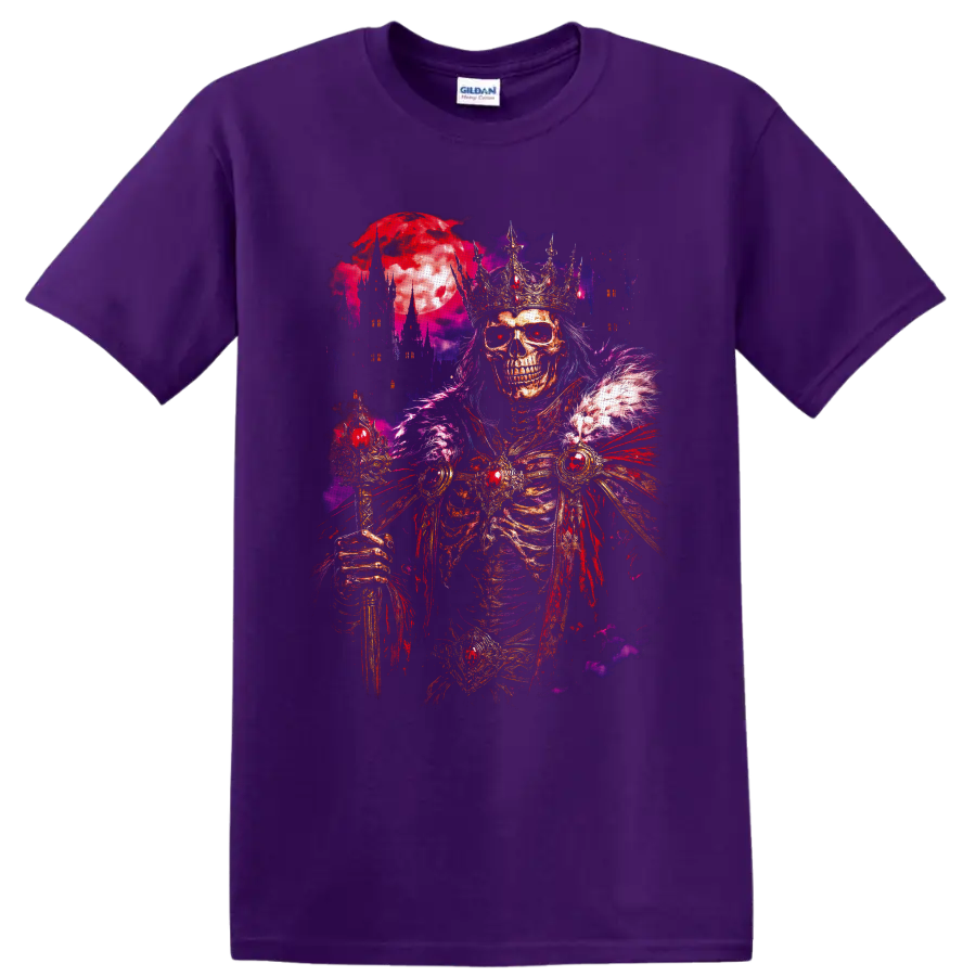 Crowned skeleton king with jeweled armor, crimson moon, and gothic castle spires on a Purple T Shirt