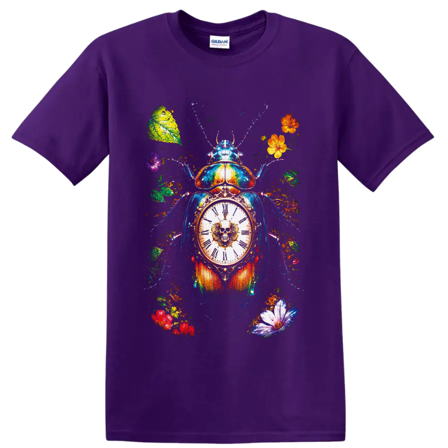 Colorful scarab beetle with skull clock, Roman numerals, flowers, and leaves on a Purple T Shirt