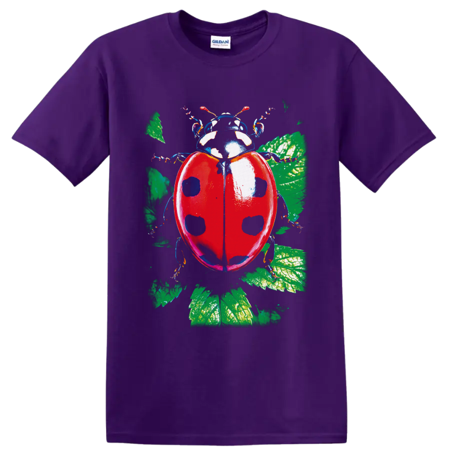 Detailed red ladybug with black spots and green botanical leaves illustration on a Purple T Shirt