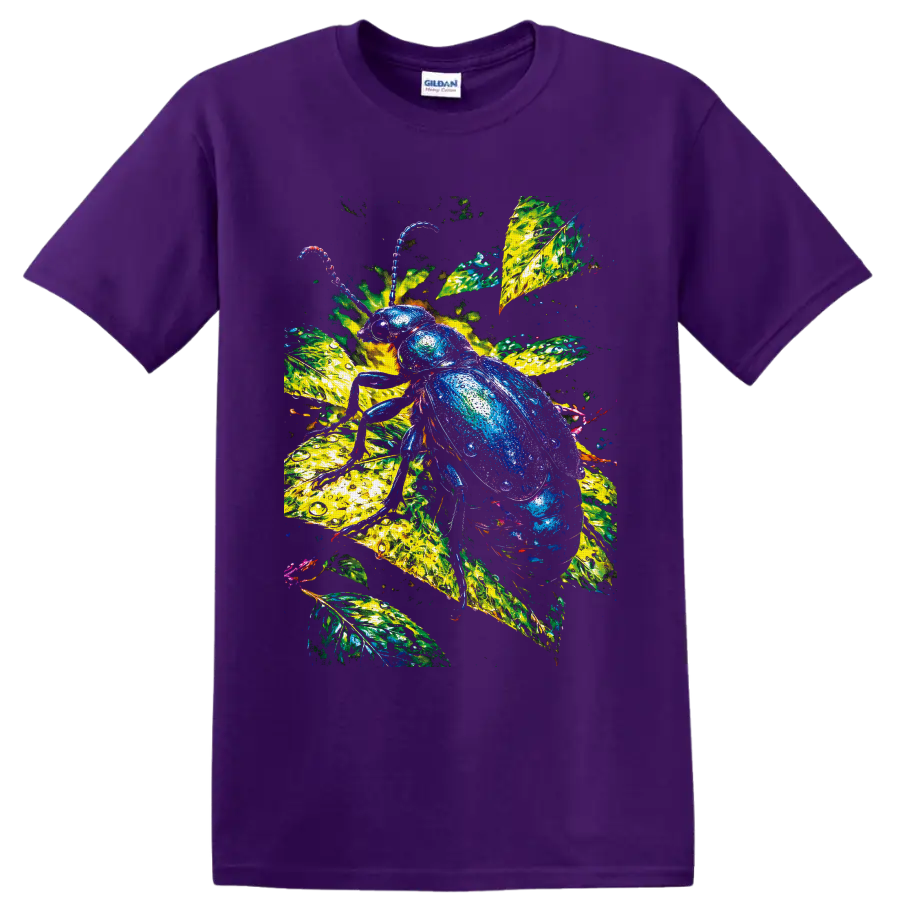 Jewel-toned beetle on luminous tropical leaves with water-droplet texture on a Purple T Shirt