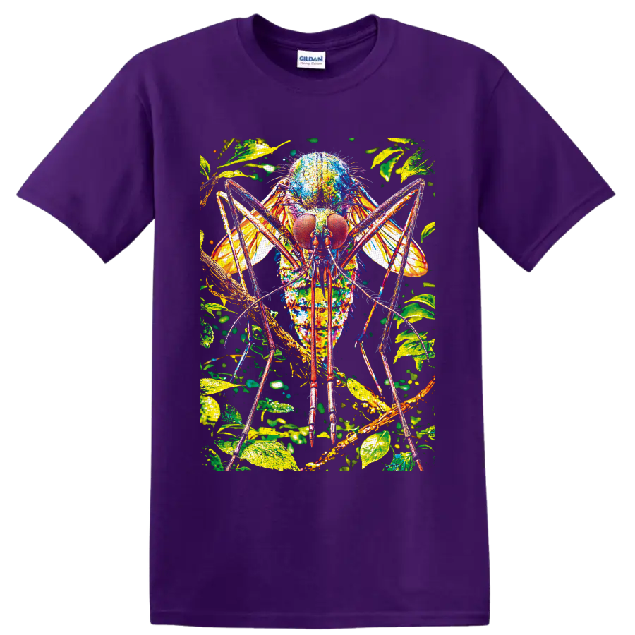 Colorful close-up mosquito illustration with tropical leaves, wings, and branches on a Purple T Shirt