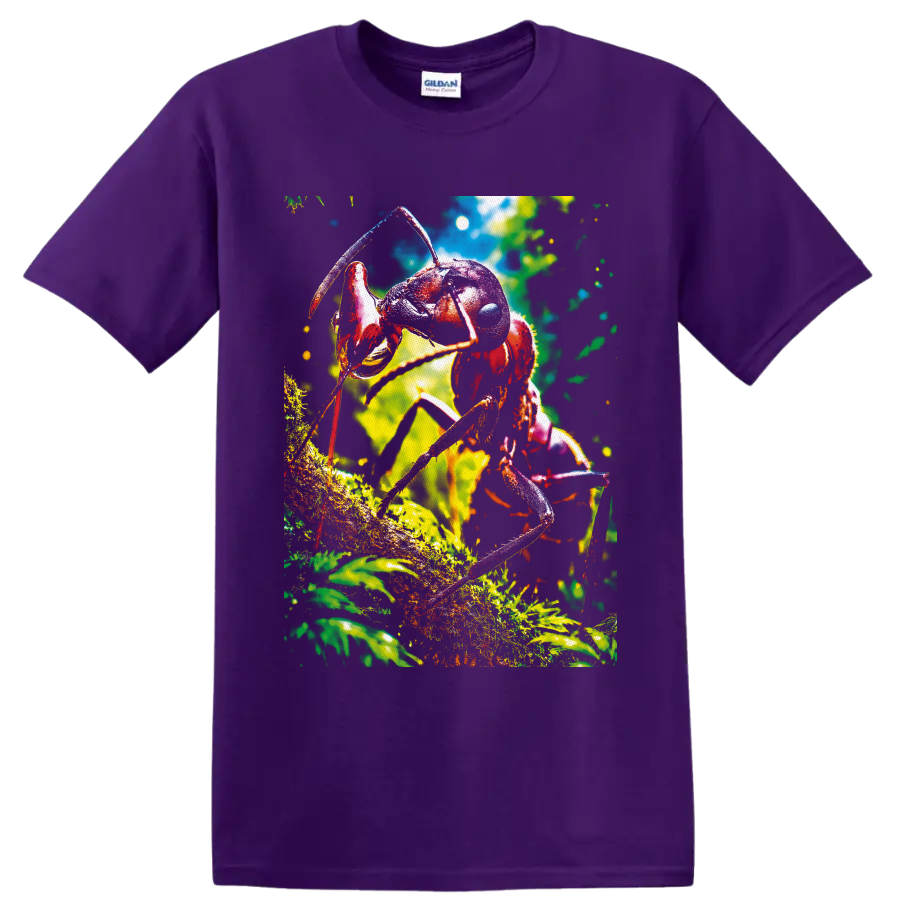 Colorful macro ant climbing on a mossy branch in a sunlit forest on a Purple T Shirt