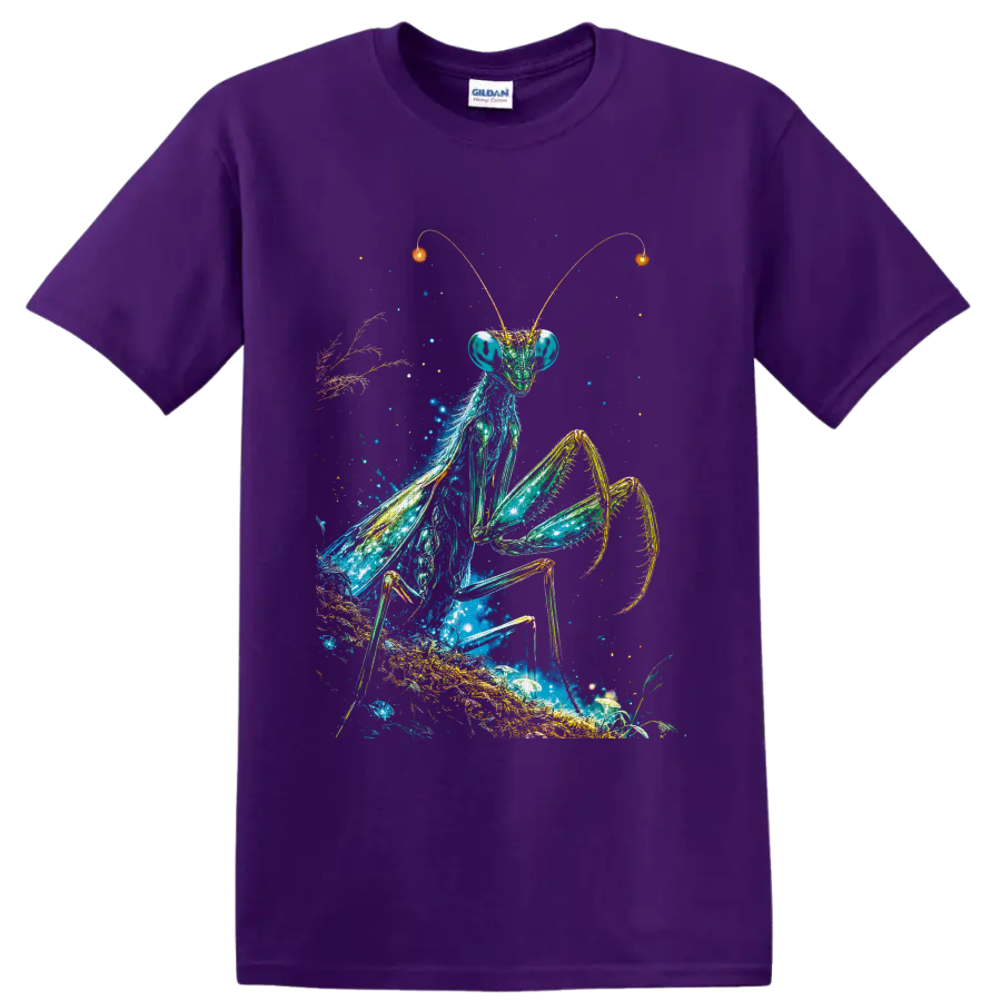 Cosmic praying mantis illustration with stars, glowing plants, mushrooms, and golden on a Purple T Shirt