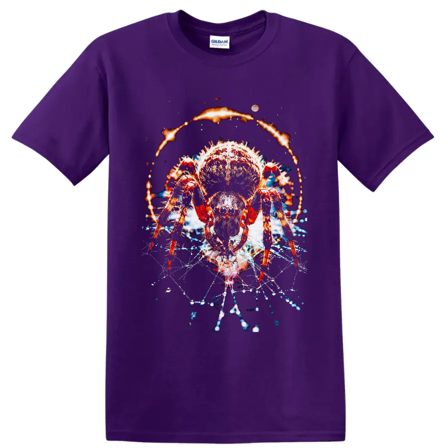 Tarantula with fiery halo, glowing web strands, and cosmic dark fantasy effects on a Purple T Shirt