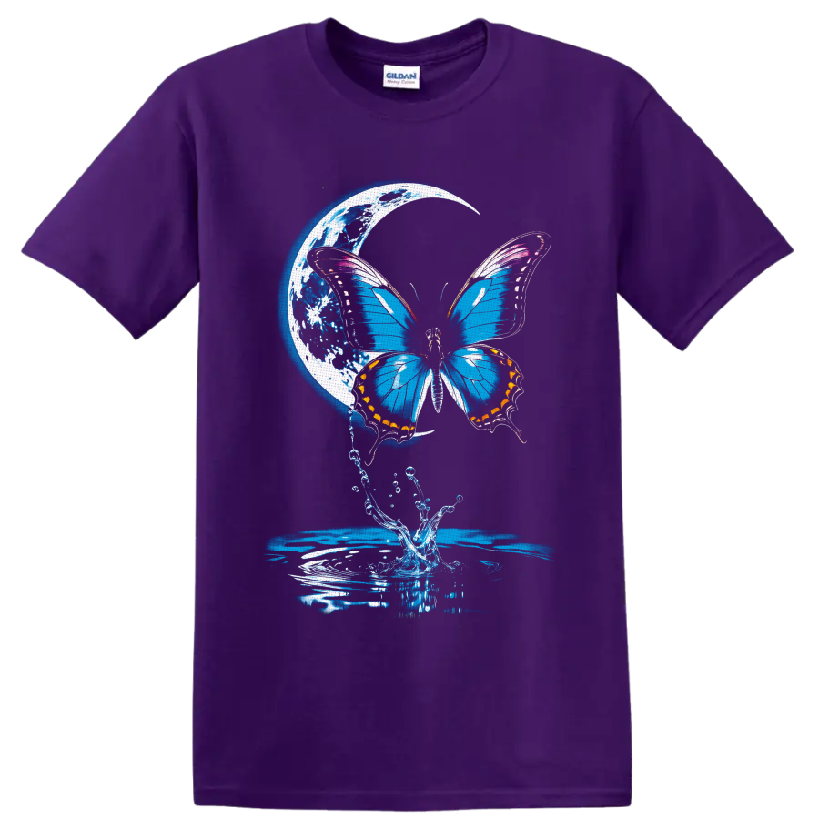 Blue butterfly with crescent moon, water splash, and rippling fantasy nature art on a Purple T Shirt