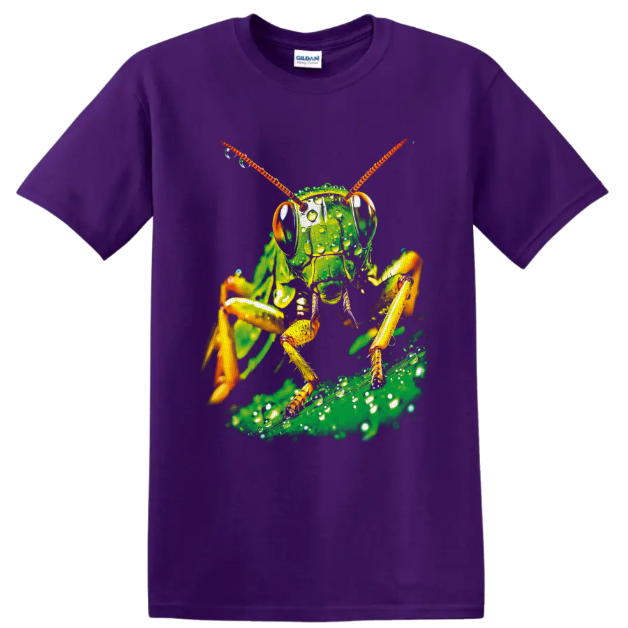 Dew-covered grasshopper macro art with orange antennae on a green leaf on a Purple T Shirt