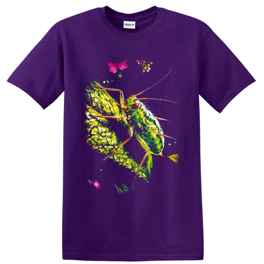 Detailed green katydid on a dew-covered leaf with small pink and purple flowers on a Purple T Shirt