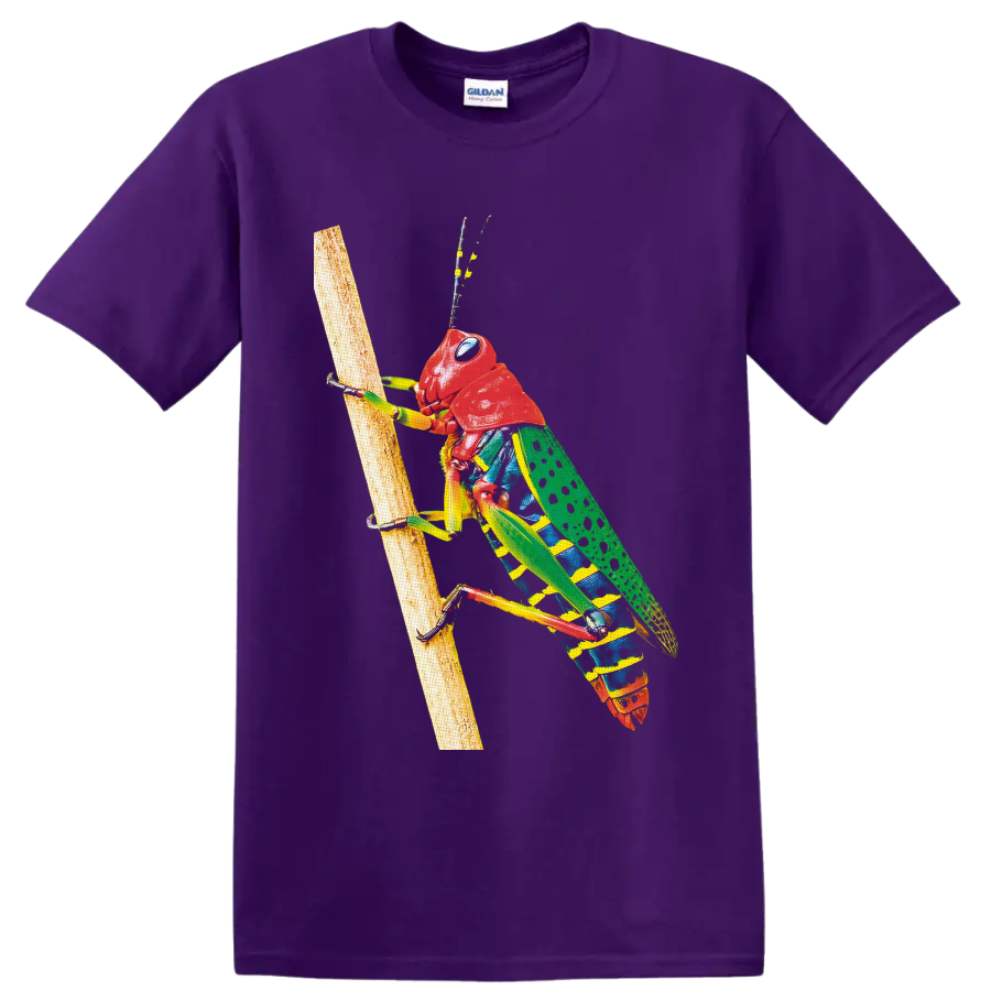 Colorful grasshopper climbing a branch in detailed wildlife illustration on a Purple T Shirt