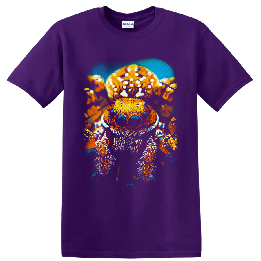 Jumping spider beneath spotted mushrooms in vivid psychedelic forest illustration on a Purple T Shirt