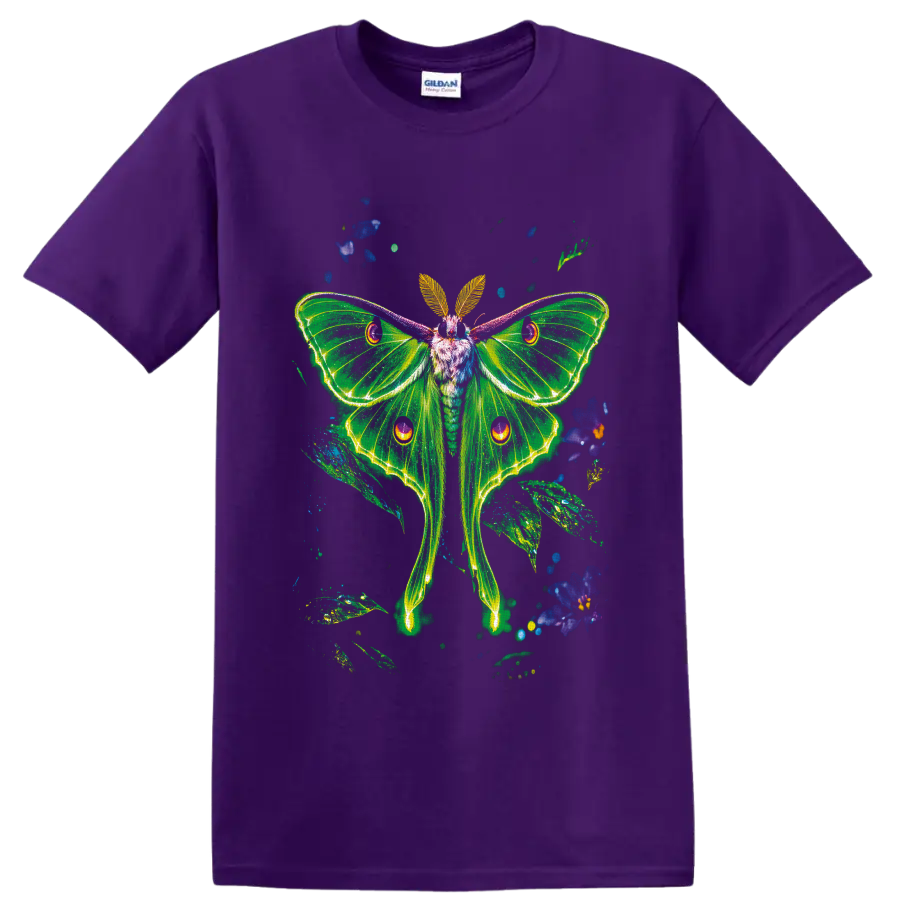 Neon green luna moth with glowing wings, blue flowers, and leafy botanical accents on a Purple T Shirt