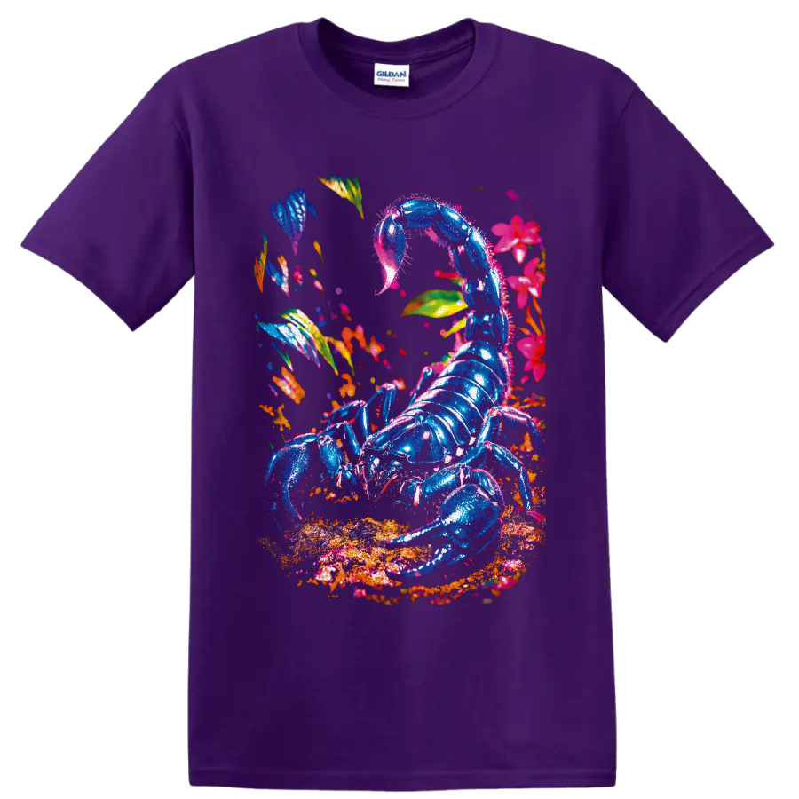 Neon blue scorpion with tropical flowers and leaves in vivid surreal botanical art on a Purple T Shirt